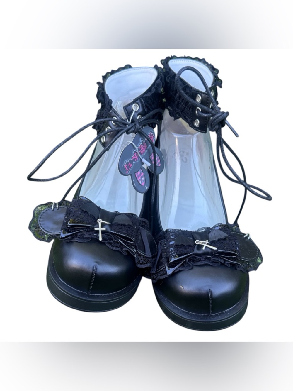 Jirai Kei Egl Harajuku Fashion Black Kawaii Lace Up Bow Goth Mary Jane Shoes